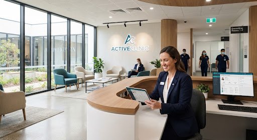 A bright, modern medical clinic reception area with a healthcare administrator using a tablet.