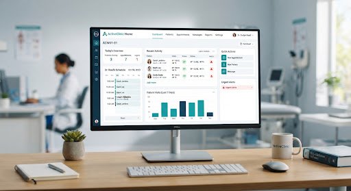 A sleek, modern dashboard interface on a monitor in a medical office.