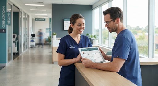 Healthcare staff using clinic software on a tablet in a modern clinic.