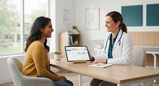 A healthcare professional and patient in a modern consultation room.